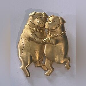 Gold Pig Couple Brooch